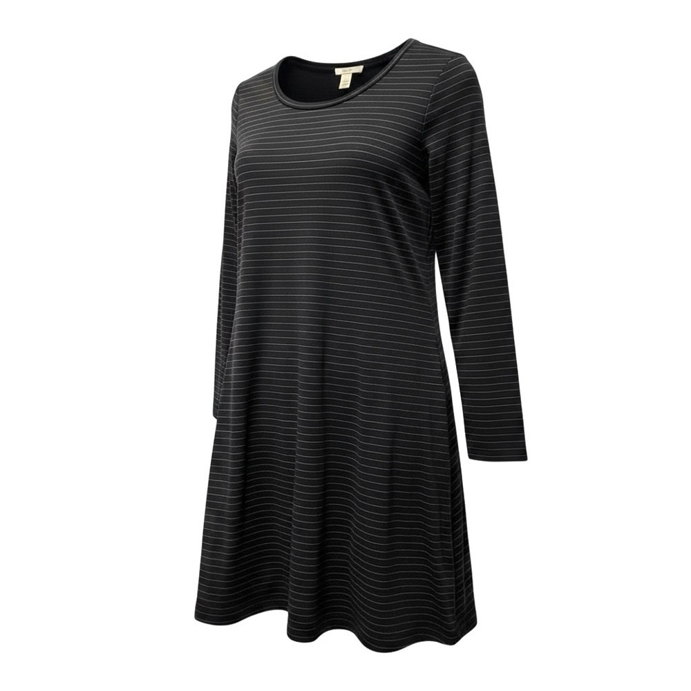 LOFT Black Pinstripe Skater T-Shirt Dress Long Sleeve Swing Knit M